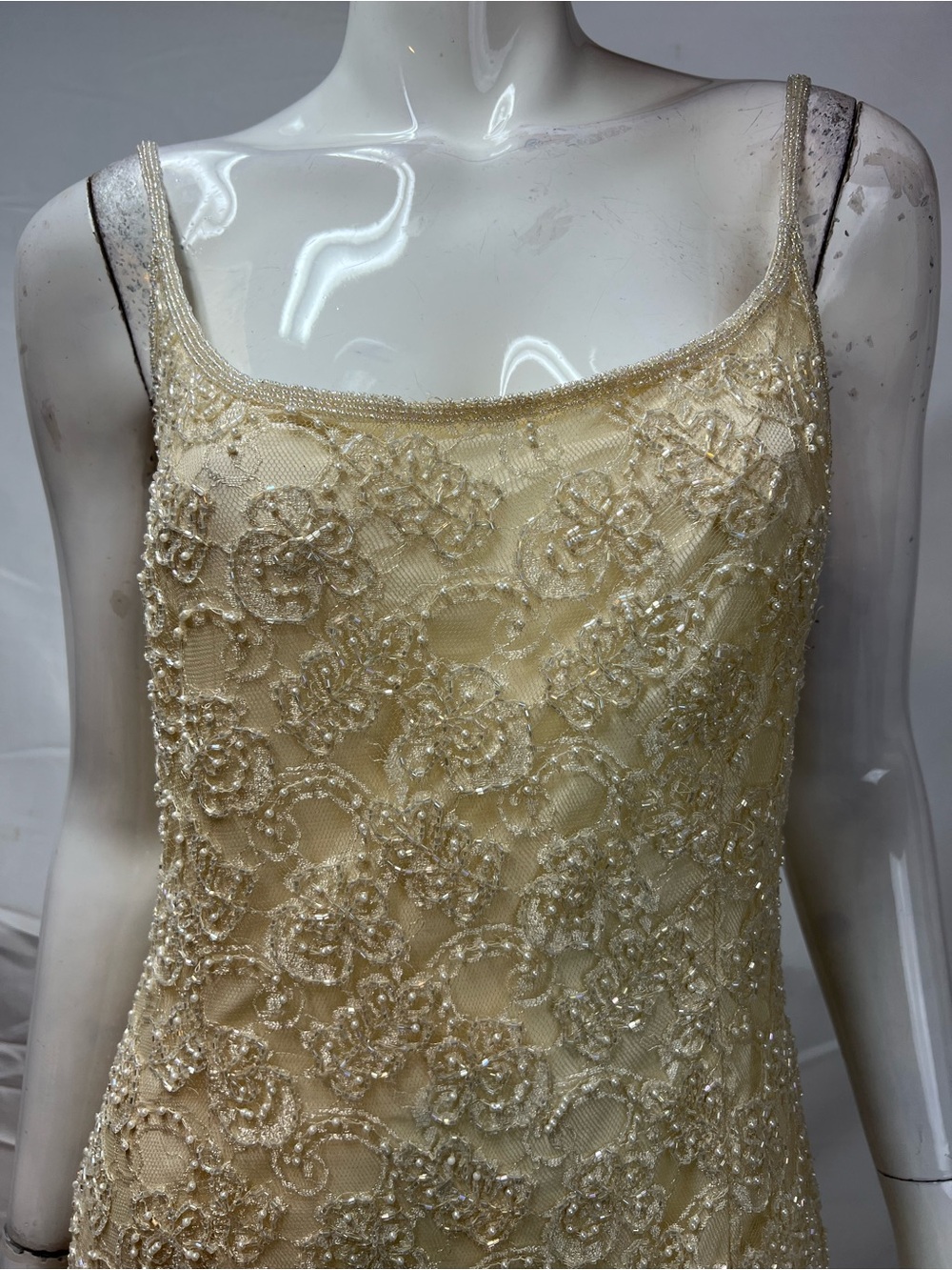 Icara Women’s 10 Vintage Ivory Lace Hand Beaded Formal Sheath Gown Evening Dress - Picture 5 of 8